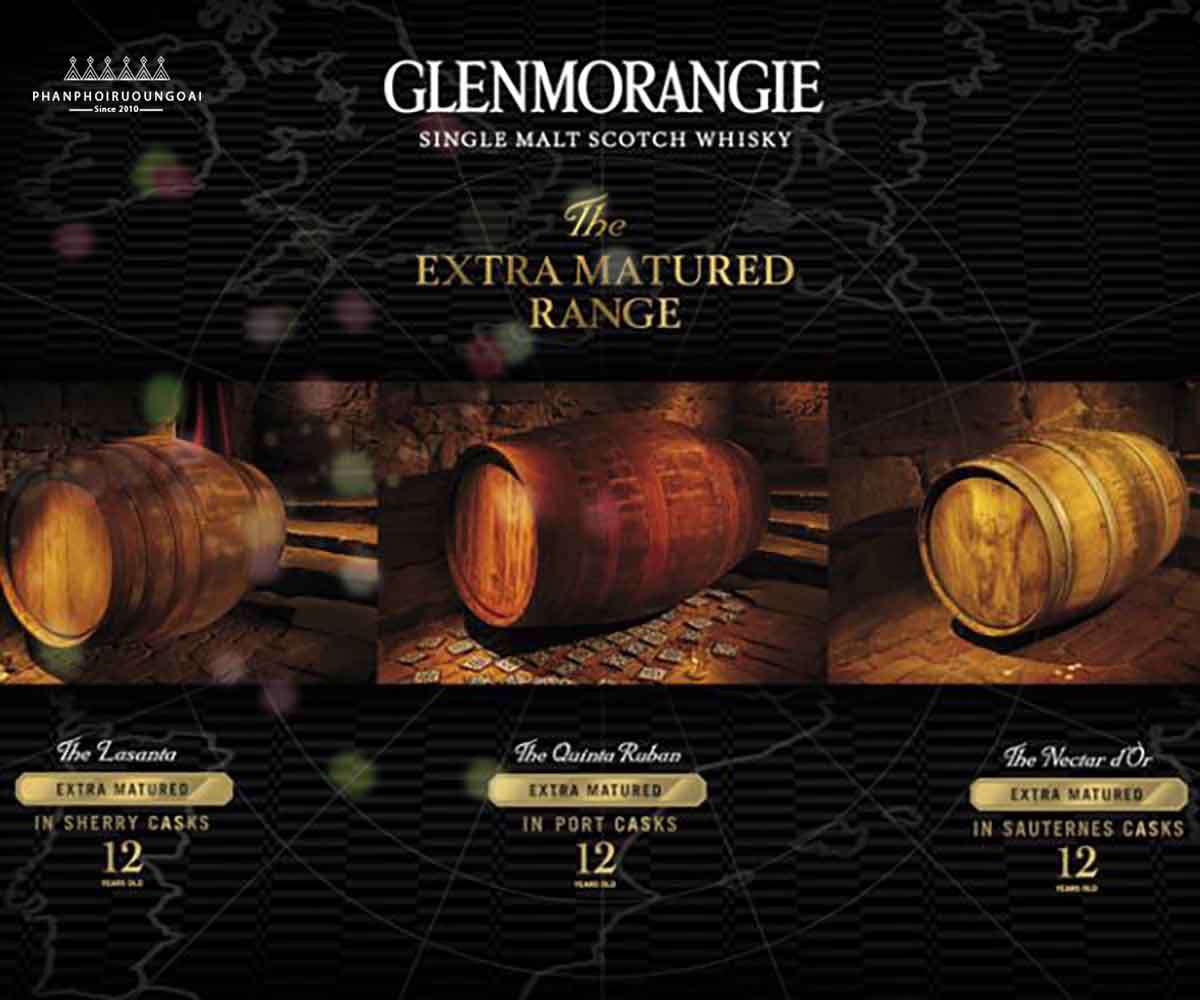 Các loại rượu Glenmorangie được trưởng thành với các loại thùng gỗ sồi khác nhau