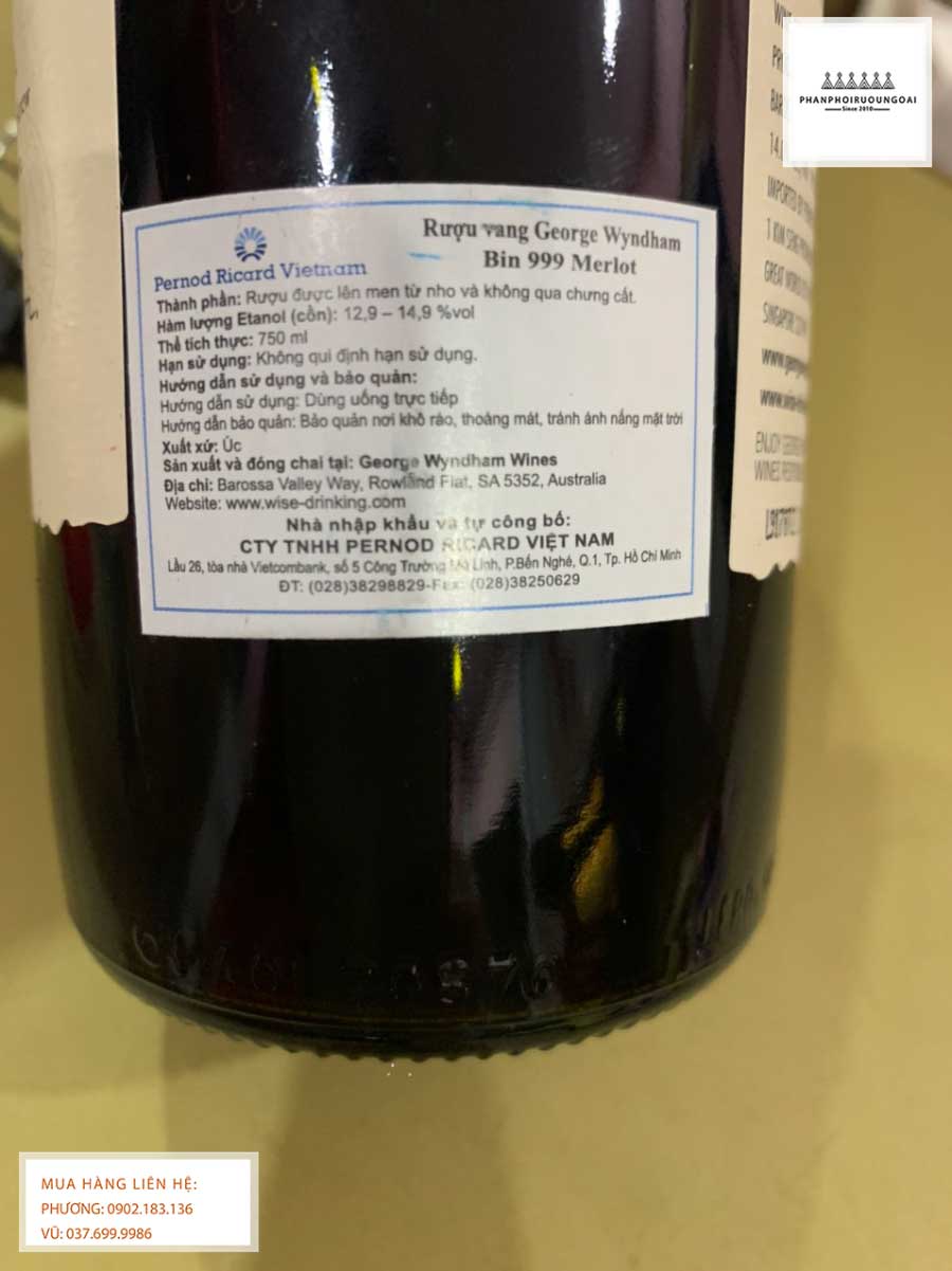 Tem phụ rượu vang Úc George Wyndham Bin 999 Merlot 