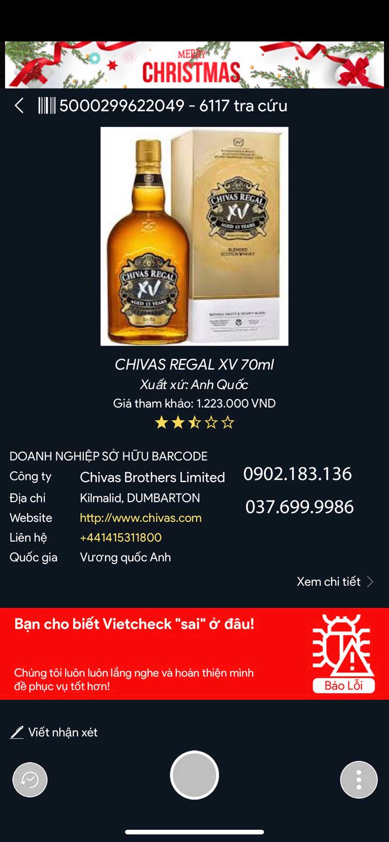 Kết quả của việc quét mã vạch với rượu Chivas XV 
