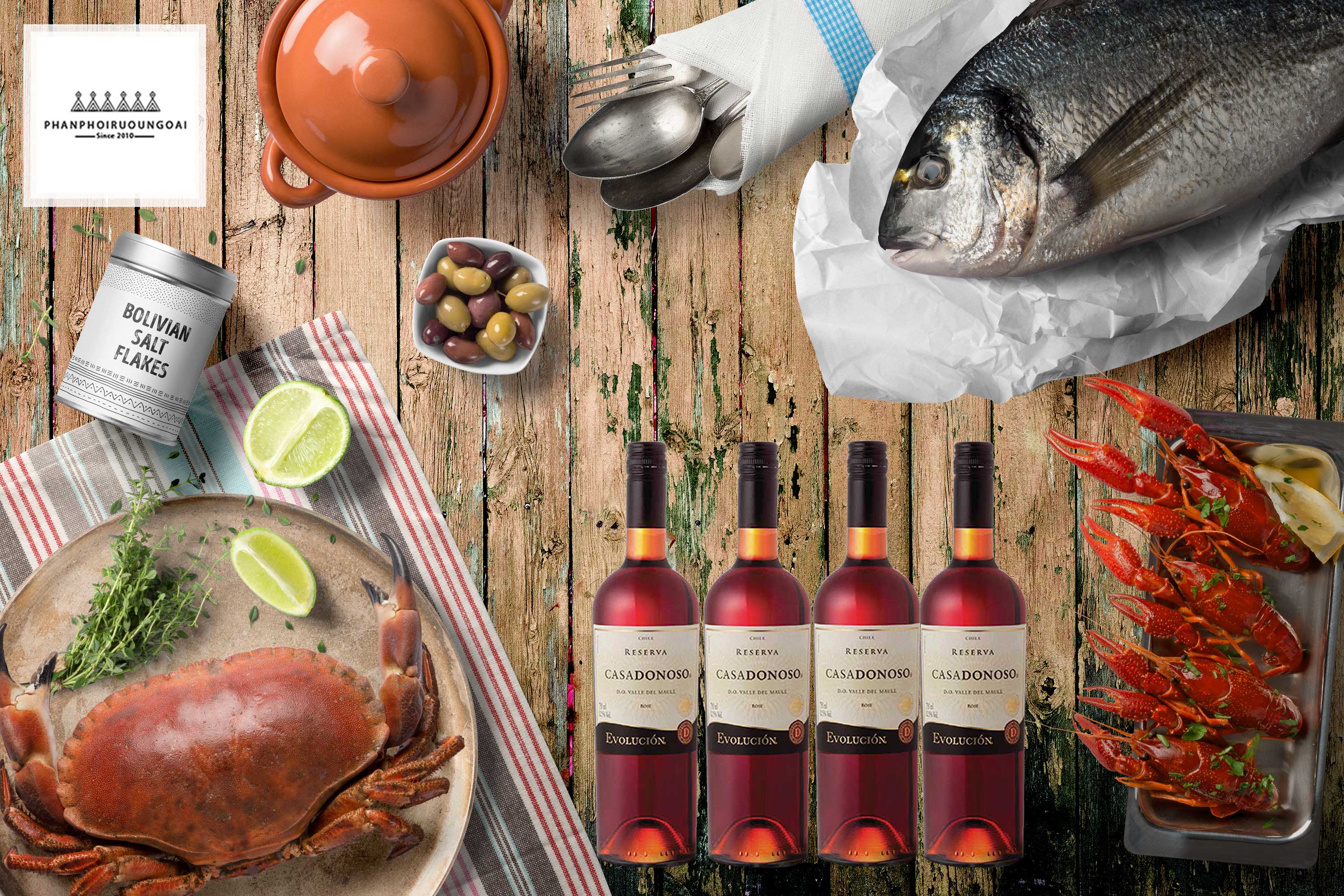 Rượu Vang Casa Donoso Evolucion Rosé và hải sản 