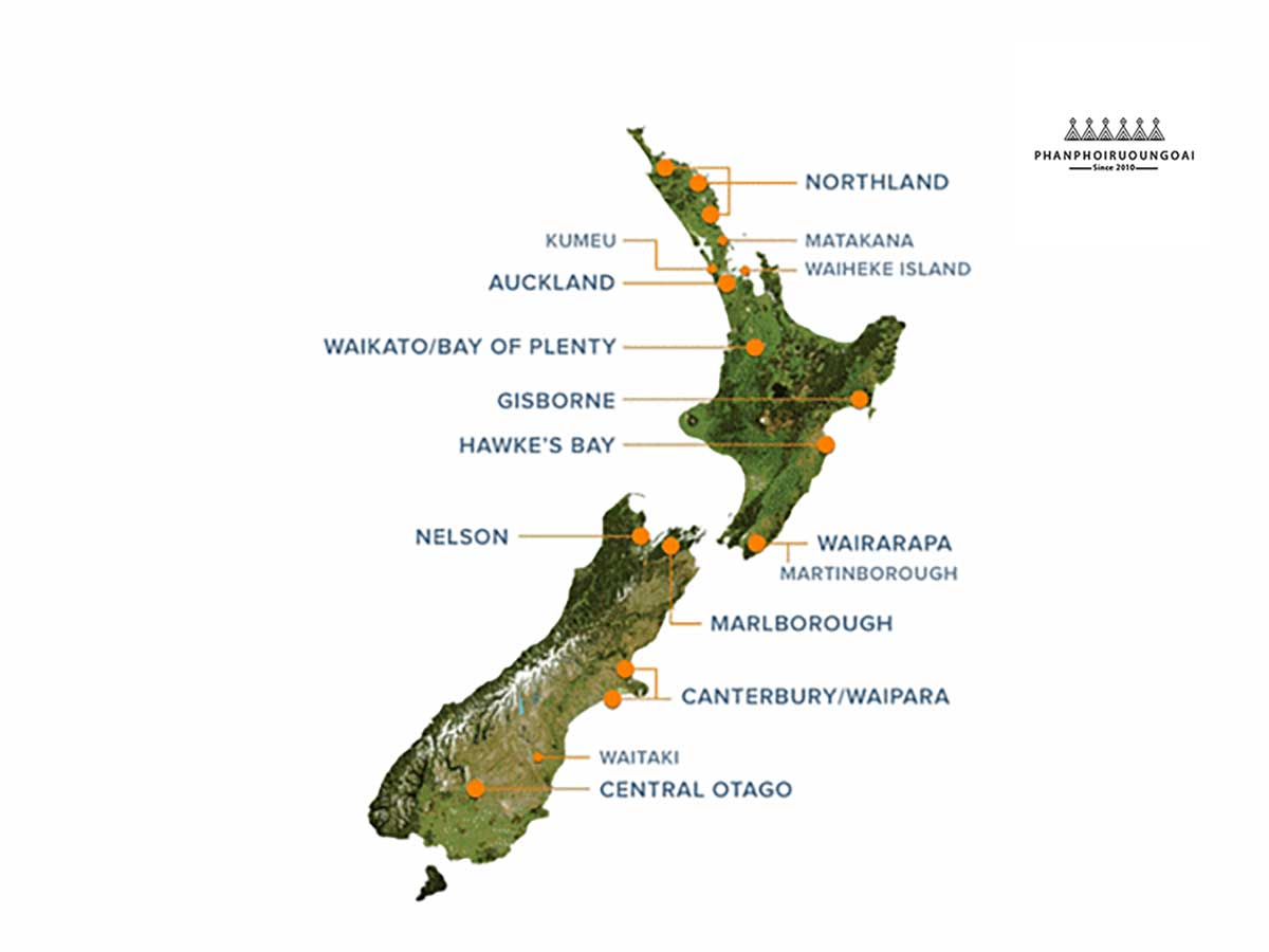 Bản đồ của các vùng làm vang tại New Zealand