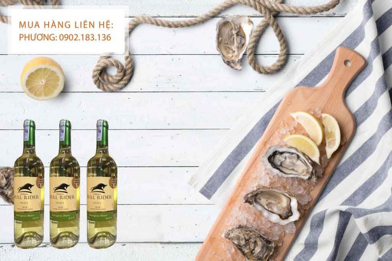 Rượu Vang Chile Chateau Bull Rider Select Sauvignon Blanc và hải sản 
