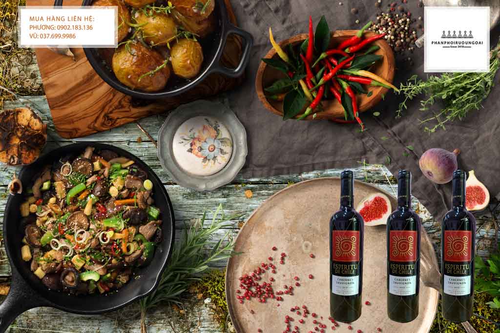 Rượu Vang Chile Espiritu de Chile Cabernet Sauvignon và các món ăn đậm gia vị 