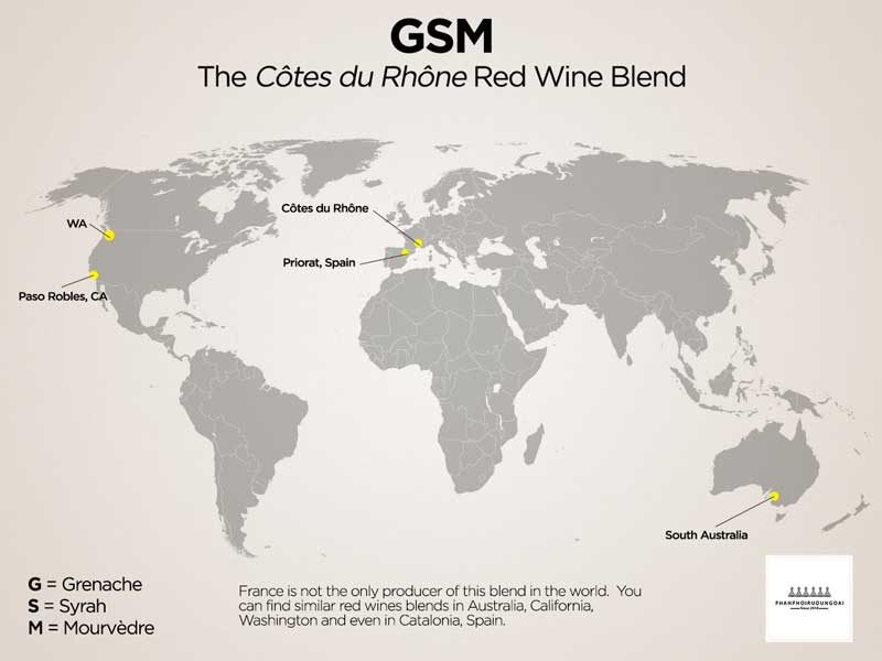 Bản đồ của các phong cách GSM Blend tại Côtes du Rhône, Pháp 
