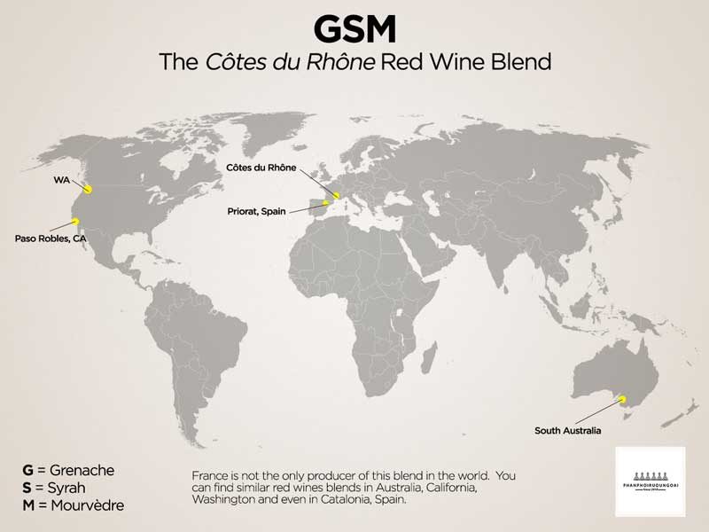 Bản đồ của các phong cách GSM Blend tại Côtes du Rhône, Pháp Bản đồ của các phong cách GSM Blend tại Côtes du Rhône, Pháp