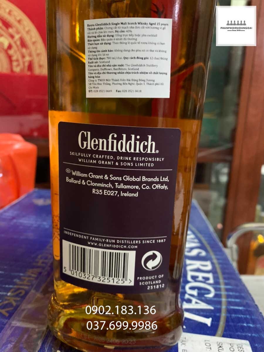 Ảnh Rượu Glenfiddich 15 năm và tem phụ của hãng nhập khẩu 