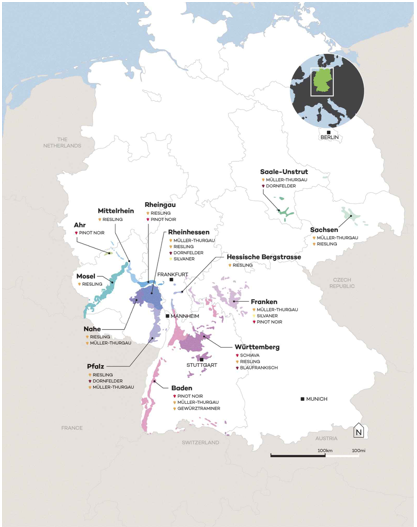 Phân bố vùng trồng nho rượu tại Đức 
