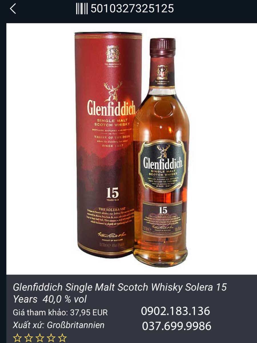 Kết quả sau khi quét mã QR Code của rượu Glenfiddich 15 năm Kết quả sau khi quét mã QR Code của rượu Glenfiddich 15 năm
