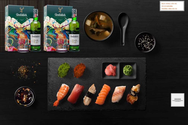 Thưởng thức rượu Glenfiddich 12 năm hộp quà tết 2021 với Sushi