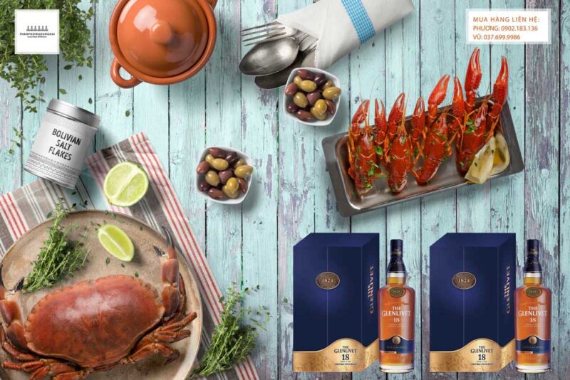 Thưởng thức rượu Glenlivet 18 hộp quà tết 2021 và hải sản