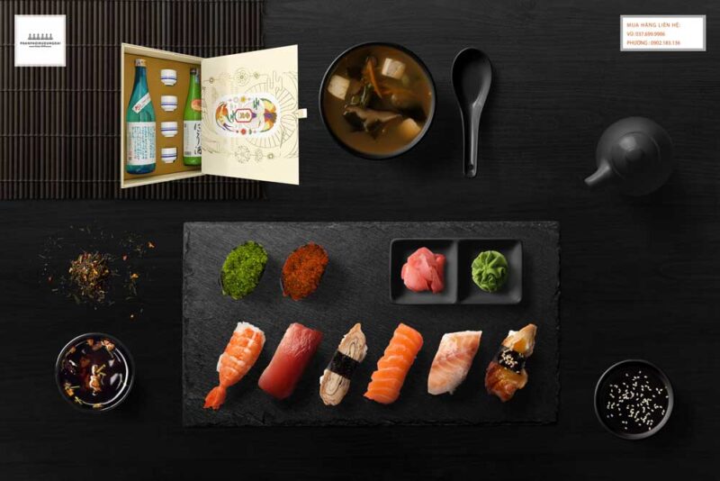 Thưởng thức rượu Sake Nishino Seki hộp quà tết 2021 set 12 với Sushi 