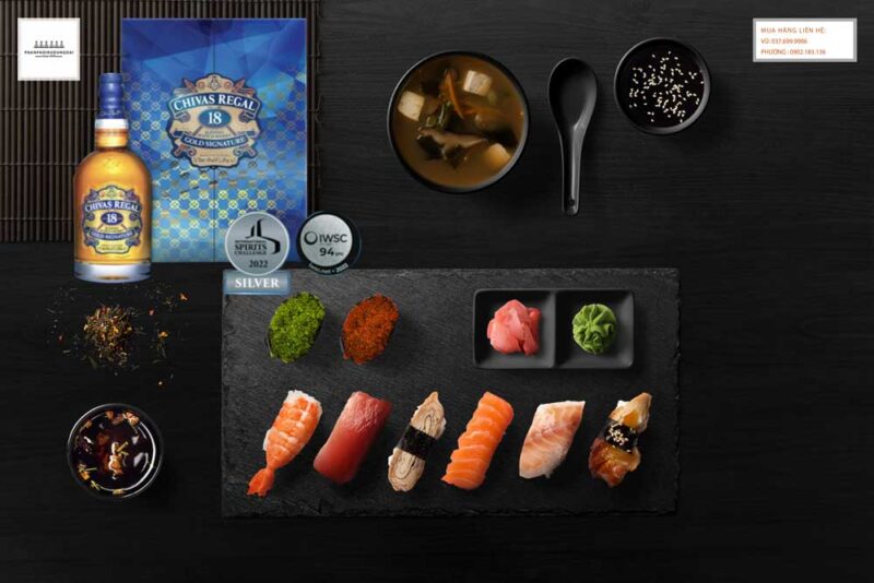Thưởng thức rượu Chivas 18 hộp quà tết 2023 với sushi 