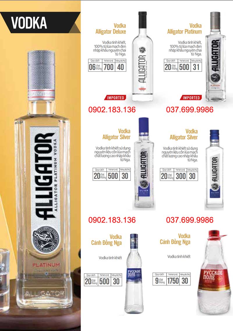 Các loại rượu của công ty rượu Vodka Cá Sấu 
